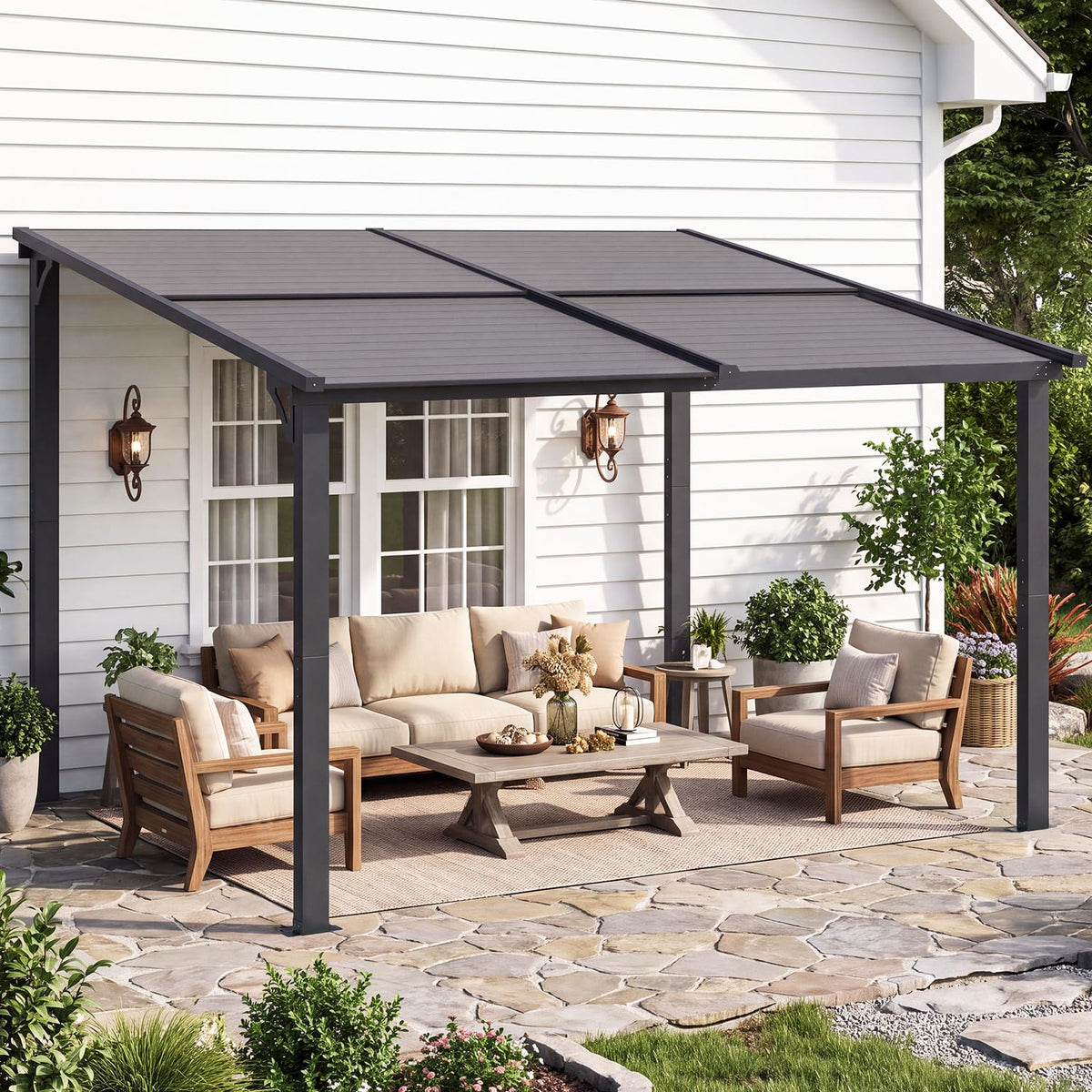 YODOLLA 12'x 10' Lean to Gazebo, Wall-Mounted Resin Pergola for Patio