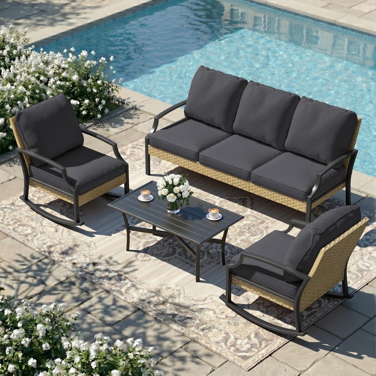 YODOLLA 4 Pieces Patio Furniture Set Outdoor Rattan Conversation Bistro Set