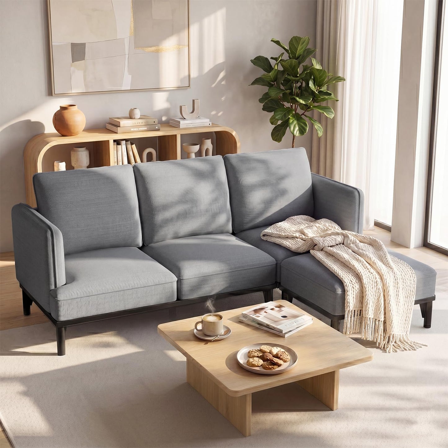 YODOLLA 3 Seater Sofa Bed with Ottoman, Modular Sofa Cloud Couch Lounge