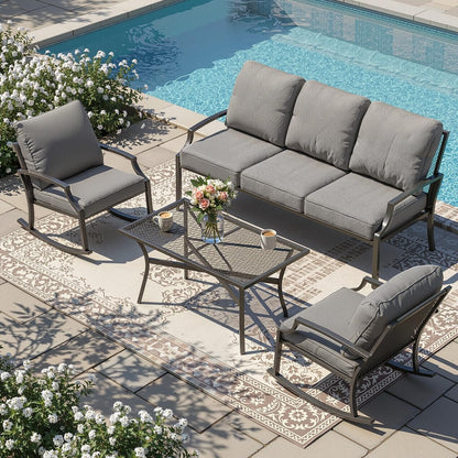 YODOLLA 4-Piece Outdoor Patio Furniture Set with Rocking Chair, Metal Mesh Conversation Bistro Set