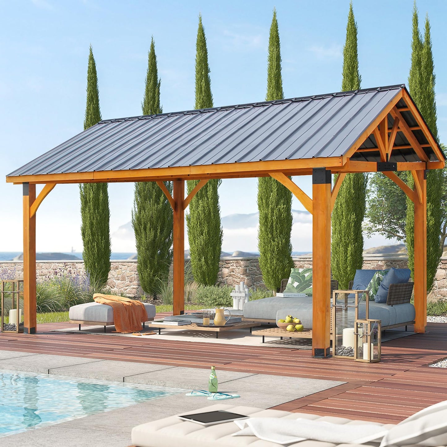 YODOLLA 14' x 12' Wooden Gazebo with Thermal Insulated Polycarbonate Pyramid Hip Roof