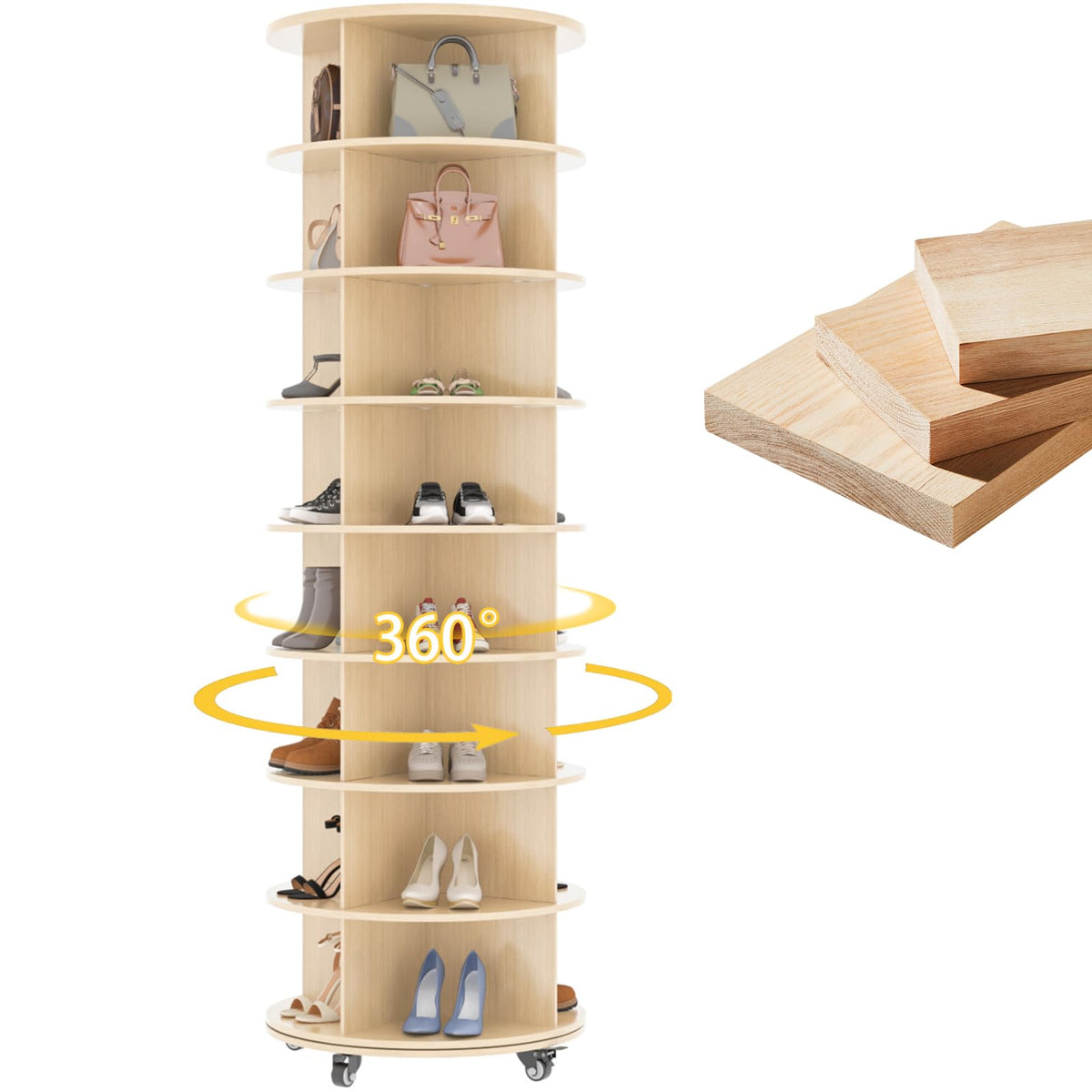 YODOLLA  8 Tier Rotating Shoe Rack, Shoe Tower Organizer Storage with Wheels