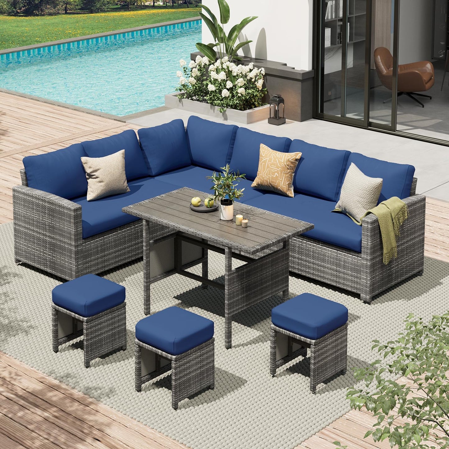 YODOLLA 7-Pc Patio Set, Grey Rattan & Blue Cushion