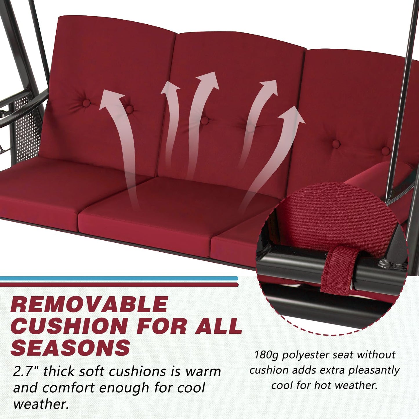 YODOLLA  3-Seat Patio Porch Swing Chair, Red