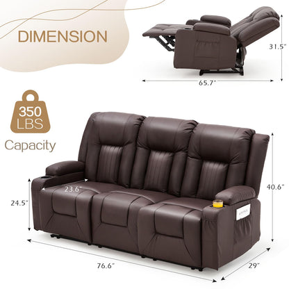 YODOLLA 77" Recliner Sofa Theater Seating with Cup Holders&Side Pockets, Brown
