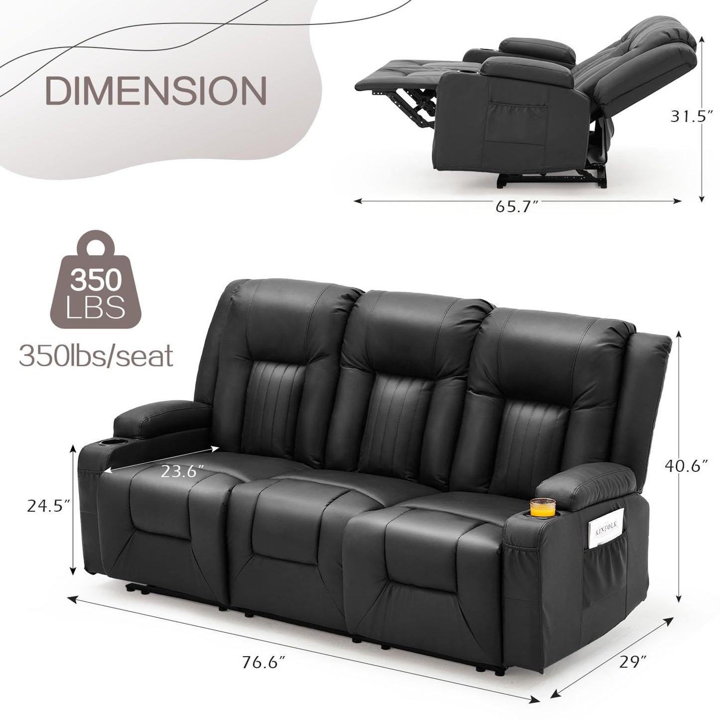 YODOLLA 77" Recliner Sofa Theater Seating with Cup Holders&Side Pockets, Black
