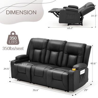 YODOLLA 77" Recliner Sofa Theater Seating with Cup Holders&Side Pockets, Black