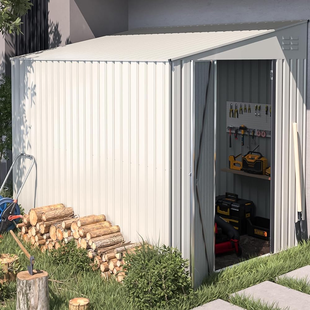 YODOLLA 6' x 8' Lean to Storage Shed Outdoor Storage Cabinet, White