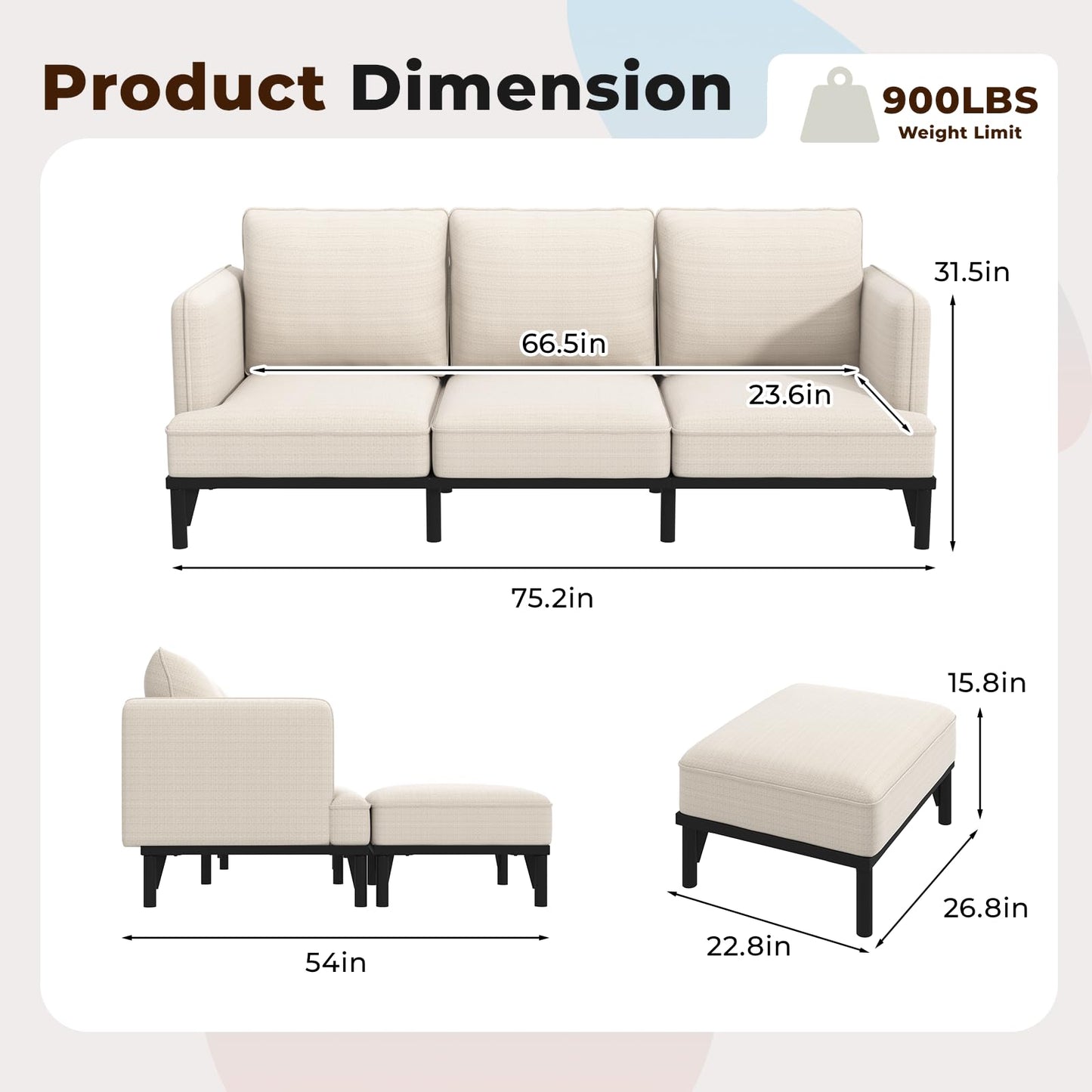 YODOLLA 3 Seater Sofa Bed with Ottoman, Modular Sofa Cloud Couch Lounge