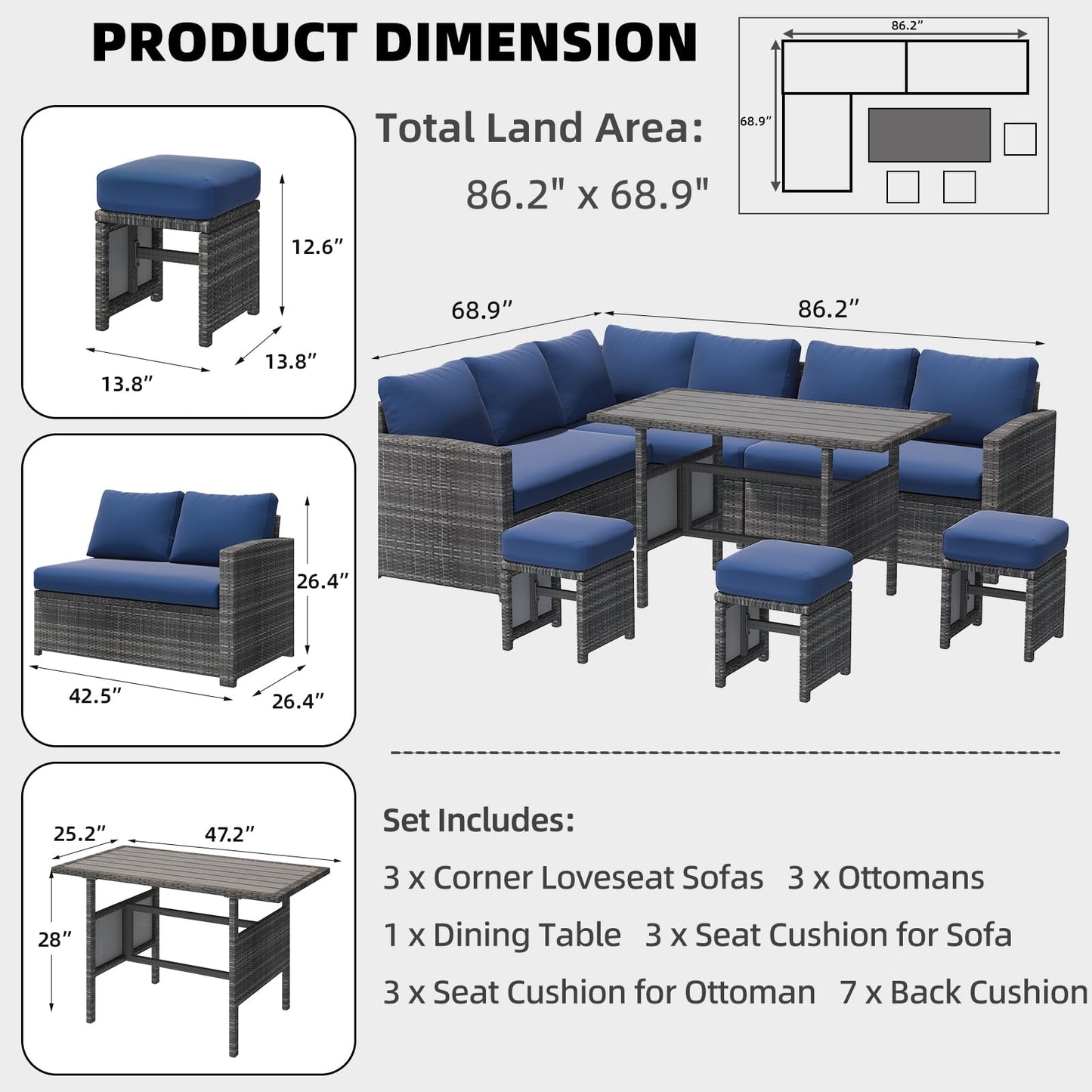YODOLLA 7-Pc Patio Set, Grey Rattan & Blue Cushion