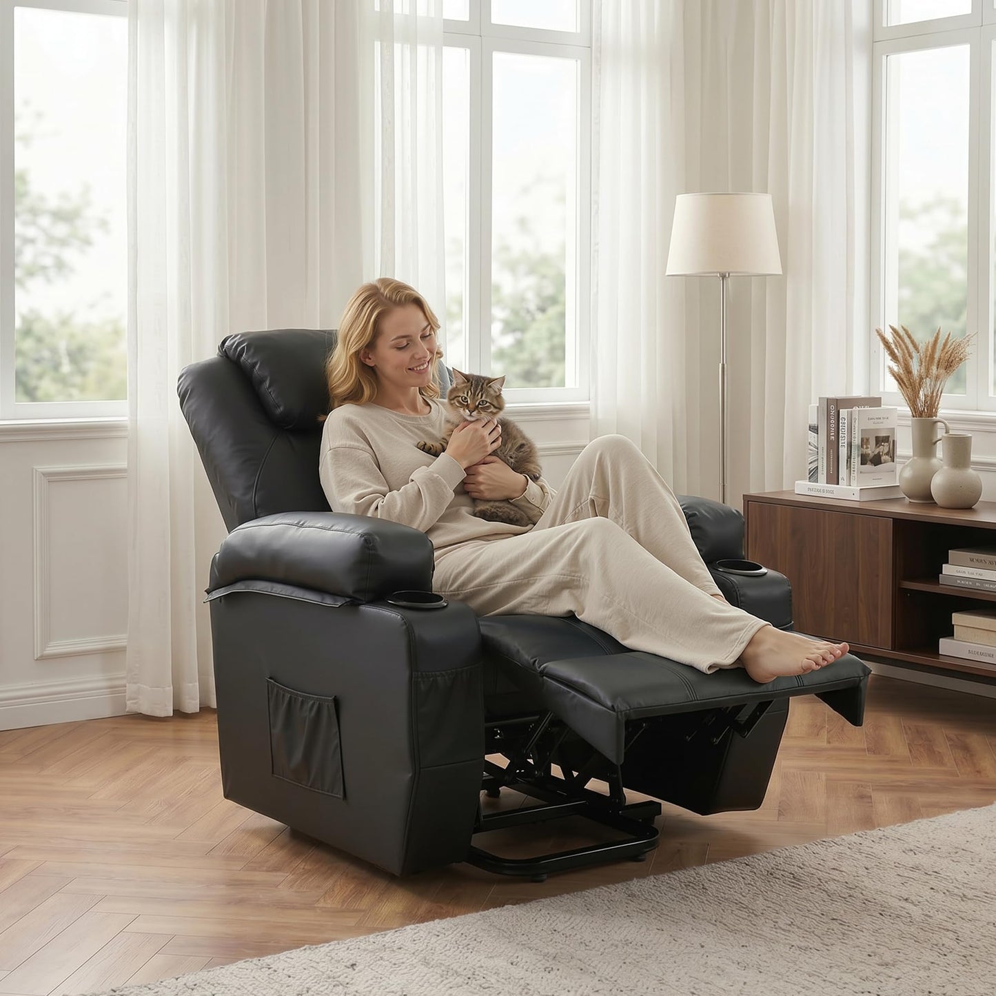YODOLLA Power Lift Recliner Chair for Elderly with Side Pockets, PU Leather, Black