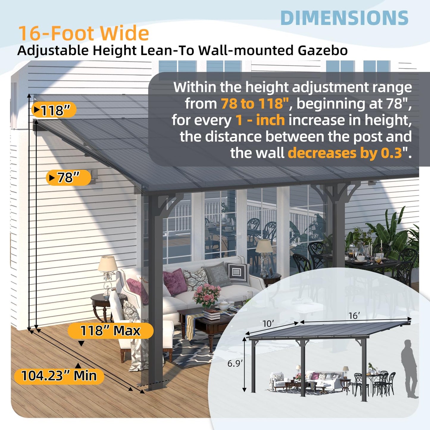 YODOLLA 16' x 10' Adjustable Height Outdoor Lean to Gazebo Pergola
