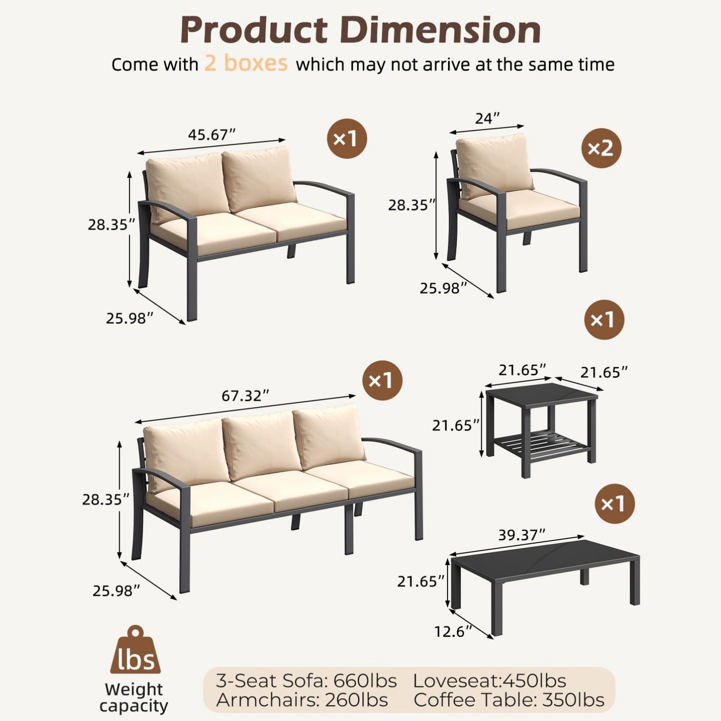 YODOLLA Metal Patio Furniture Set 7 Seats Modern Outdoor Furniture with Coffee Table & Side Table