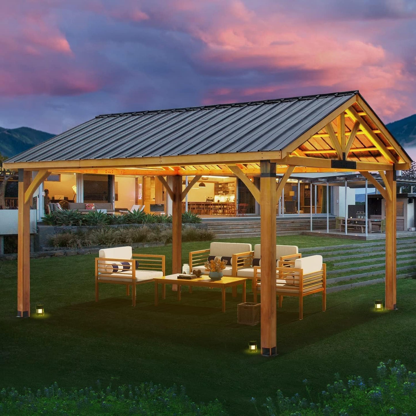 YODOLLA 14' x 12' Wooden Gazebo with Thermal Insulated Polycarbonate Pyramid Hip Roof