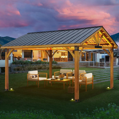 YODOLLA 14' x 12' Wooden Gazebo with Thermal Insulated Polycarbonate Pyramid Hip Roof