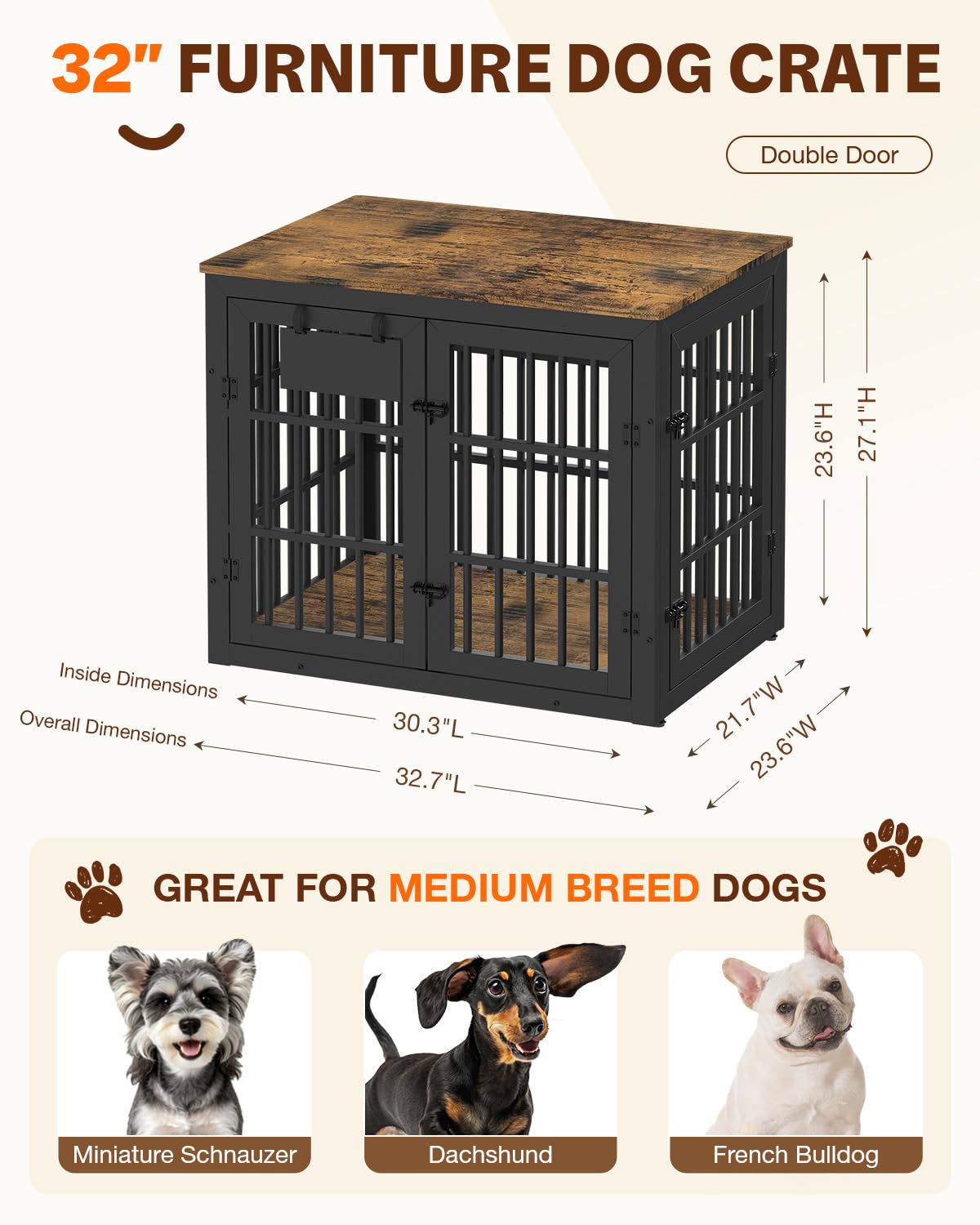 YODOLLA 32" Dog Crate Furniture Heavy Duty Dog Kennel Indoor with Name Tag