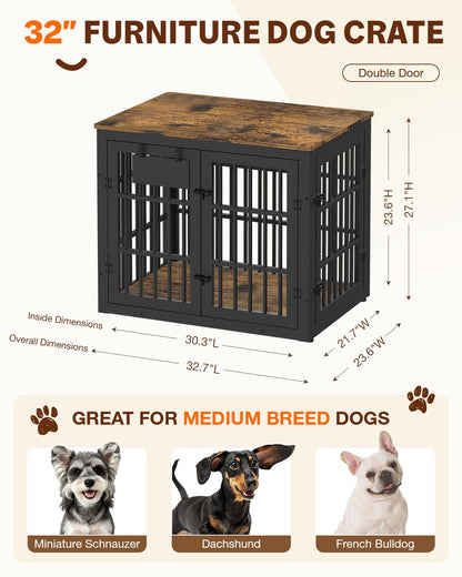 YODOLLA 32" Dog Crate Furniture Heavy Duty Dog Kennel Indoor with Name Tag