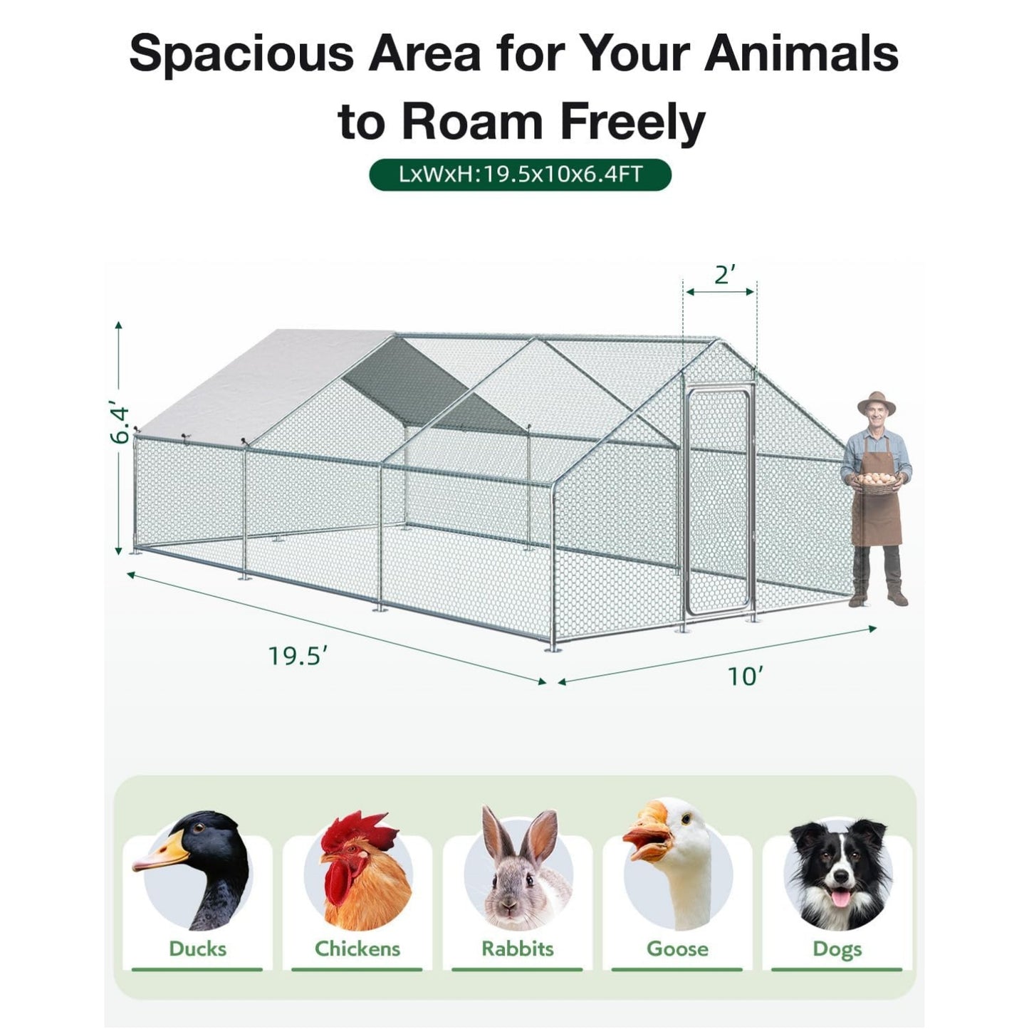 YODOLLA Metal Chicken Coop, 19.5 x 10 x 6.4 FT Extra Large Chicken Run Enclosure with Cover