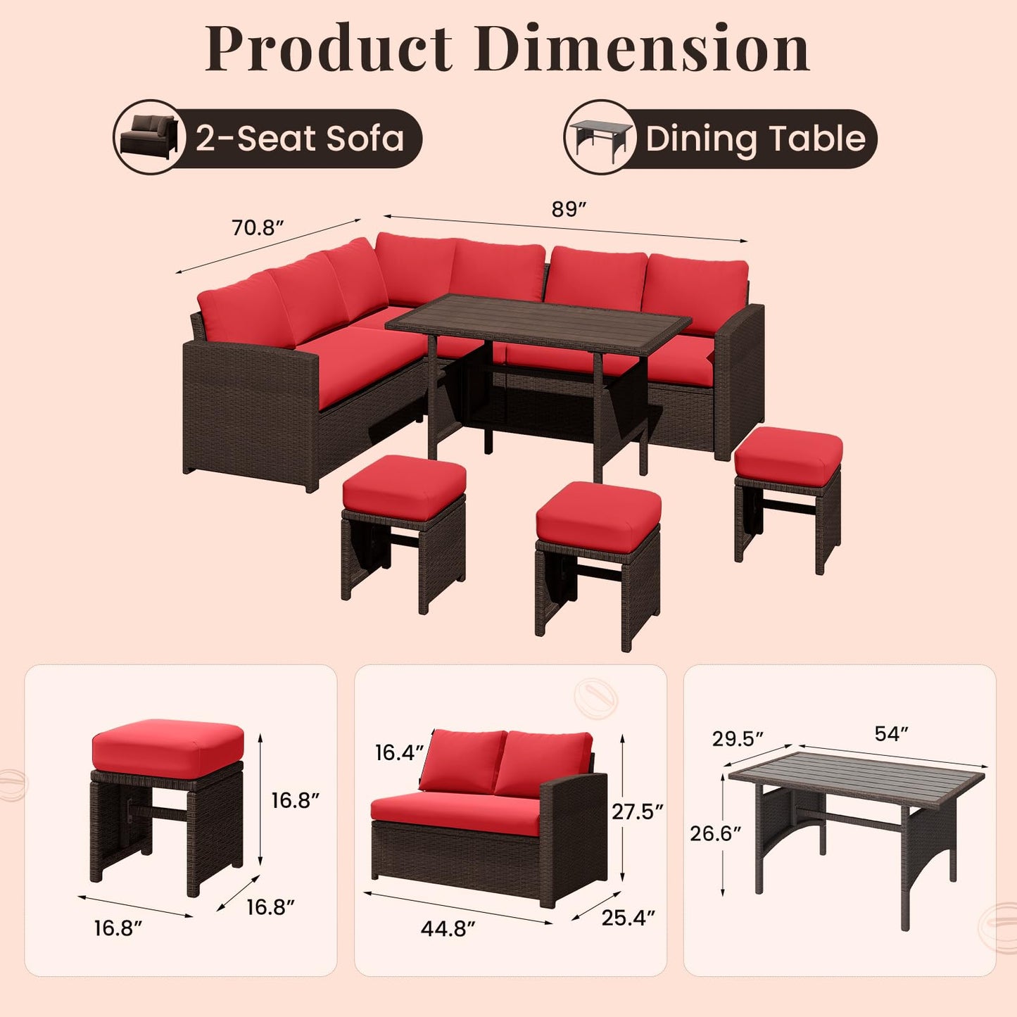YODOLLA 7-Pc Patio Furniture Set Sectional Sofa Set with Dining Table, Brown Rattan & Red Cushion