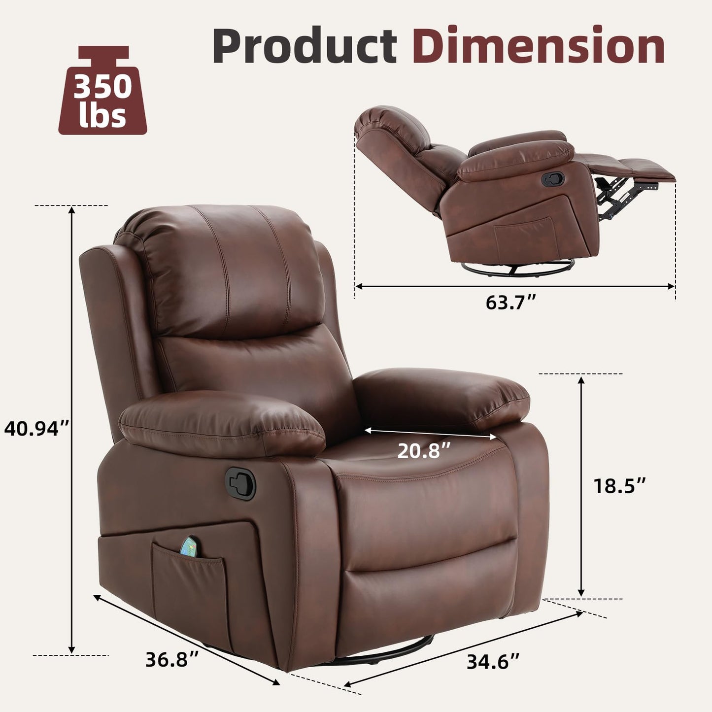 YODOLLA 360° Swivel Recliner Chair with Massage and Heat, Brown