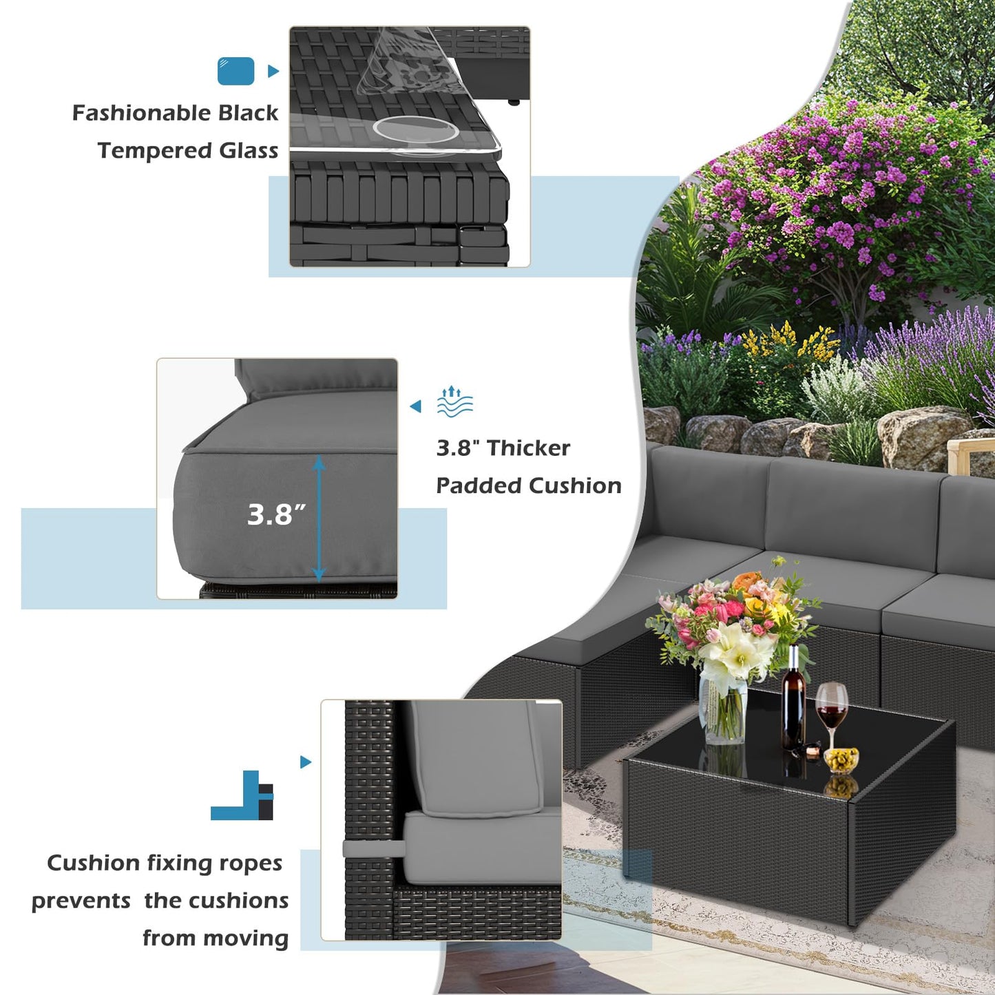 YODOLLA 7-Piece Outdoor Patio Furniture Set with Cushions and Tea Table, Black & Grey