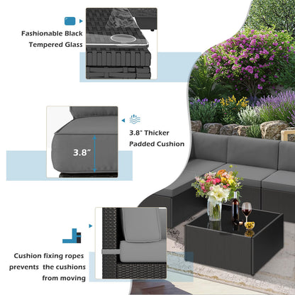YODOLLA 7-Piece Outdoor Patio Furniture Set with Cushions and Tea Table, Black & Grey