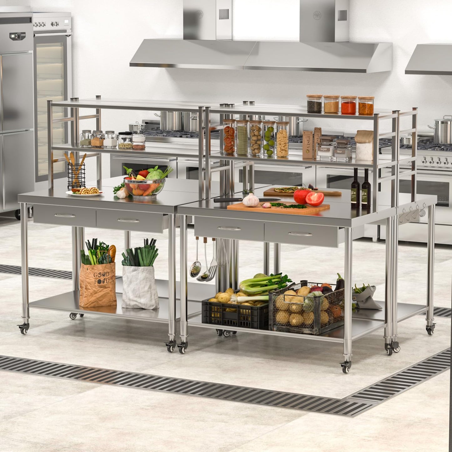 YODOLLA 48"x24" Stainless Steel Table with Shelves and Drawer
