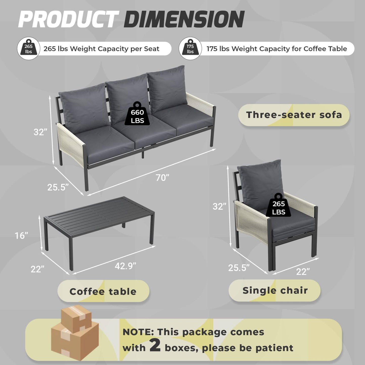 YODOLLA Aluminum Patio Furniture Set Outdoor Sectional Couch with Coffee Central Table