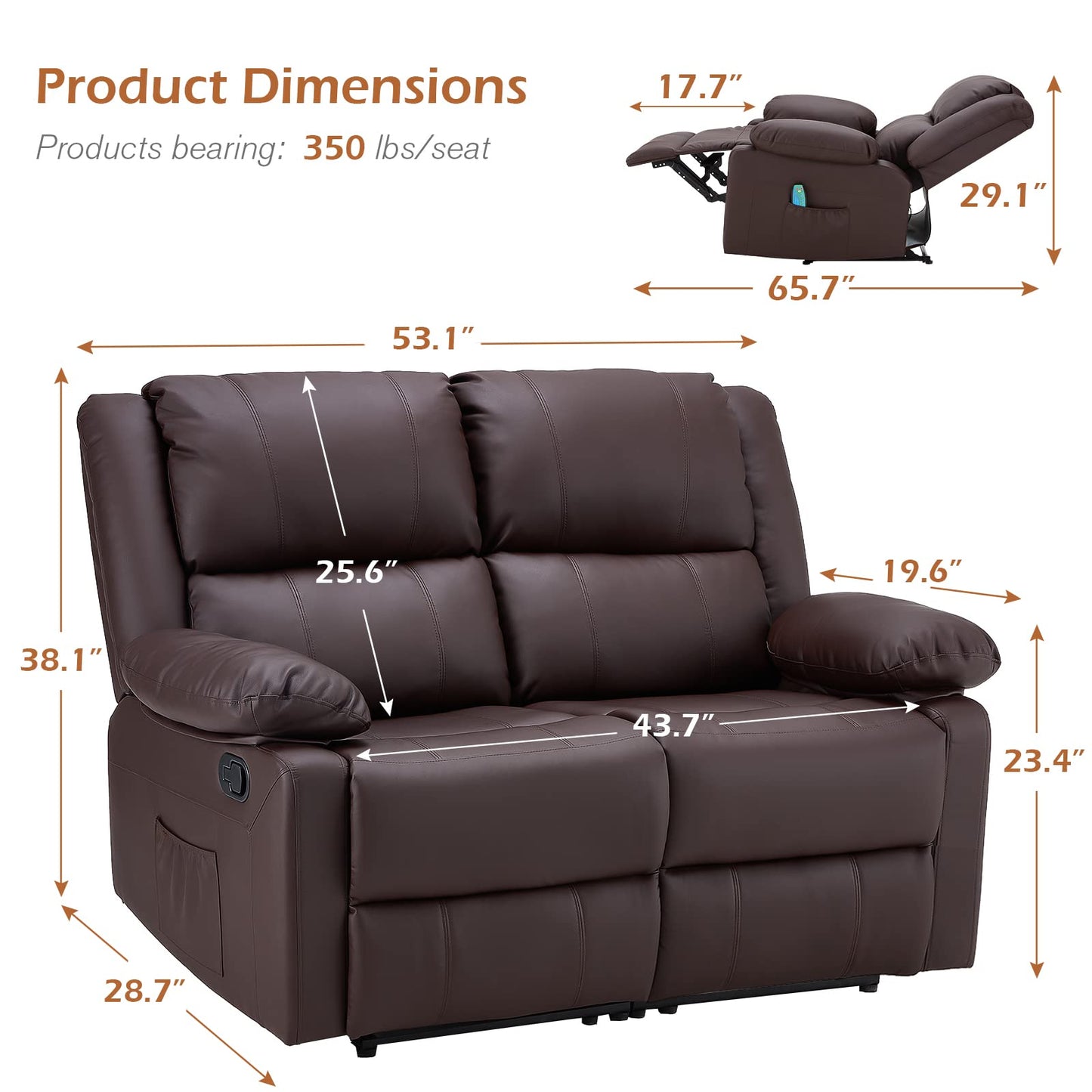 YODOLLA 2 Seat Loveseat Recliner with Heat&Massage Function, Faux Leather Brown