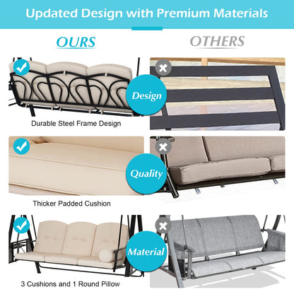 YODOLLA Outdoor Porch Swing, 3-Seat Patio Swings with Adjustable Canopy, Beige