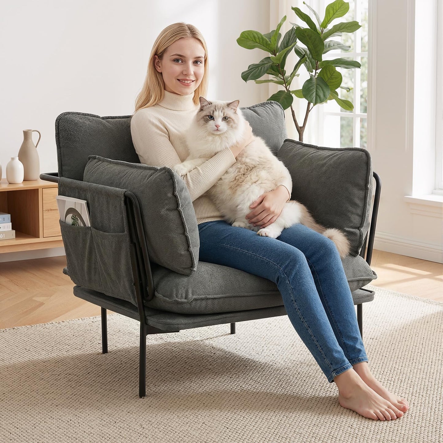 YODOLLA Modern Accent Chair with Wide Seat, Armchair, Grey