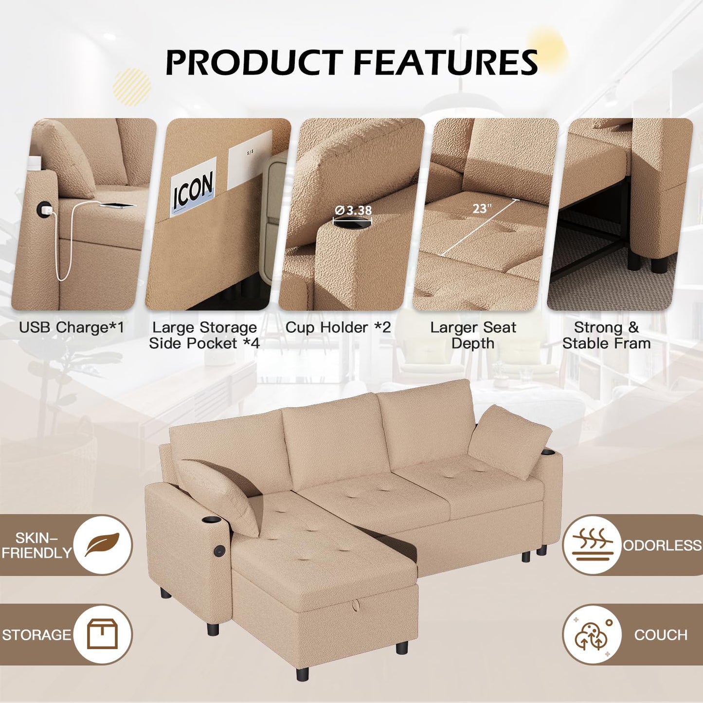 YODOLLA 83.5" Teddy Fleece Sleeper Sofa Sectional Sofa Bed Couches, Beige