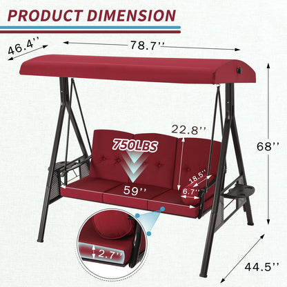 YODOLLA  3-Seat Patio Porch Swing Chair, Red