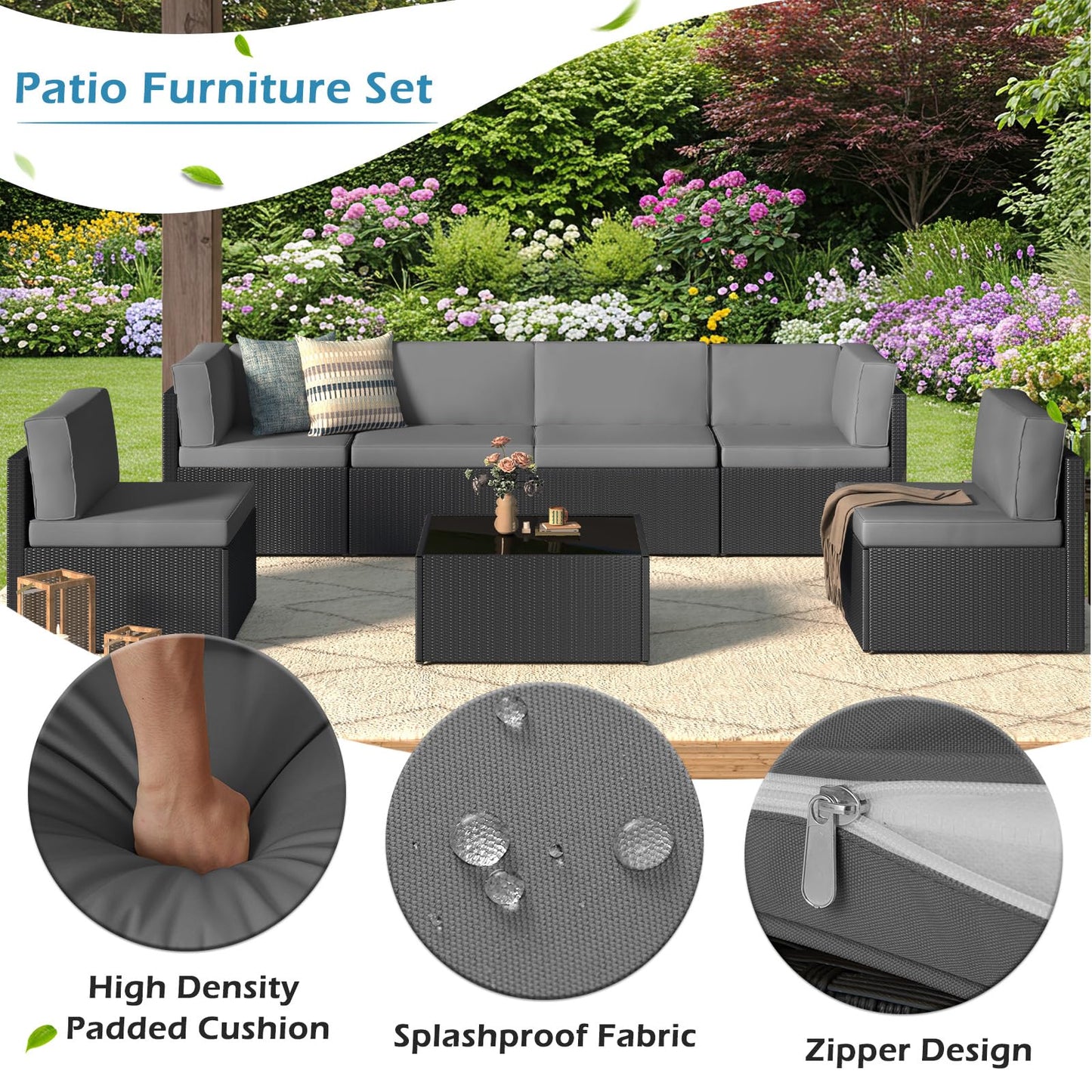 YODOLLA 7-Piece Outdoor Patio Furniture Set with Cushions and Tea Table, Black & Grey