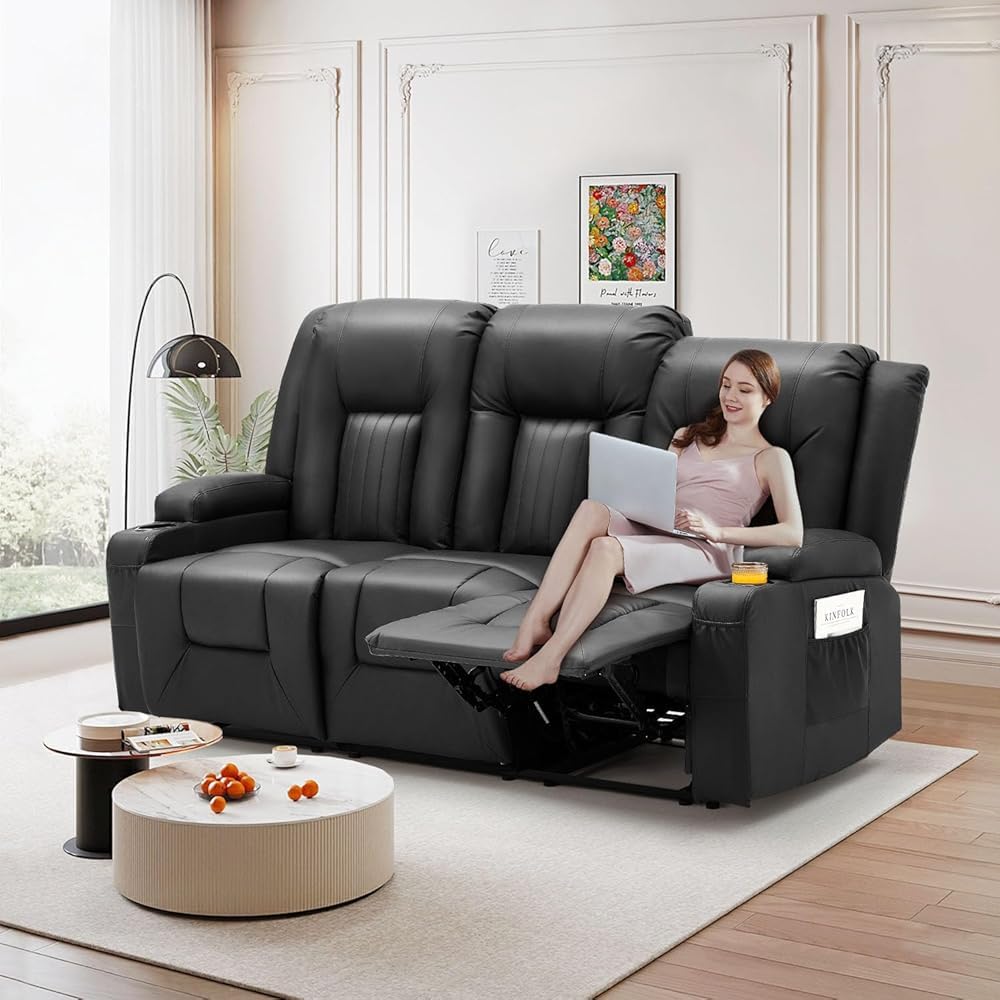 YODOLLA 77" Recliner Sofa Theater Seating with Cup Holders&Side Pockets, Black