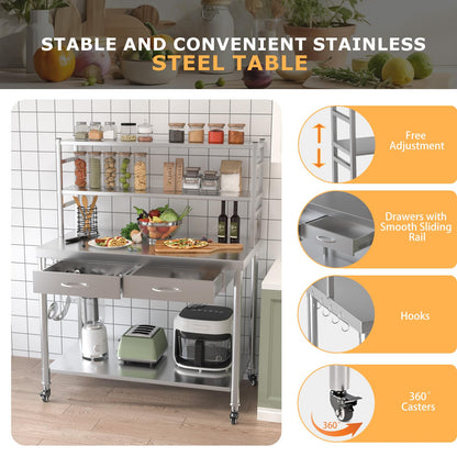 YODOLLA 48"x24" Stainless Steel Table with Shelves and Drawer