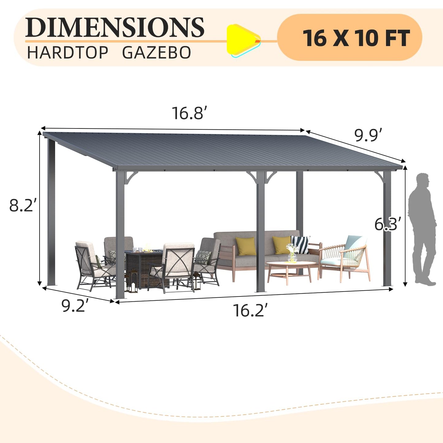YODOLLA 16'x10' Wall-Mounted Pergola Hardtop Outdoor Gazebo