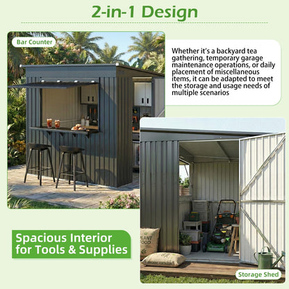 YODOLLA 8x4 FT Outdoor Storage Shed with Bar Counter, 2-in-1 Patio Metal Backyard Bar & Tool Storage Cabinet