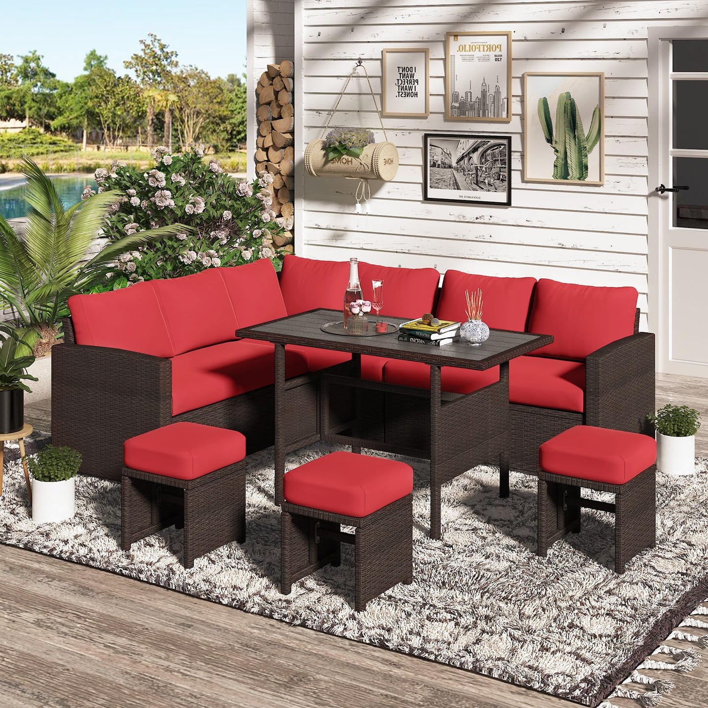 YODOLLA 7-Pc Patio Furniture Set Sectional Sofa Set with Dining Table, Brown Rattan & Red Cushion