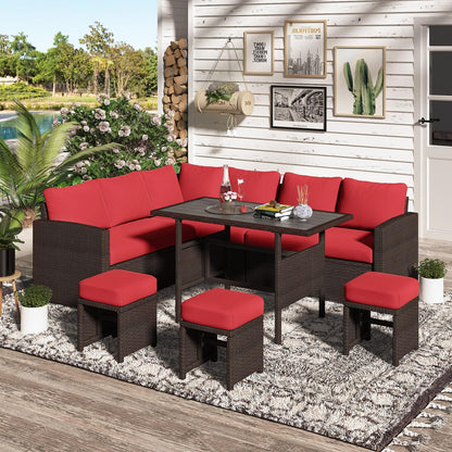 YODOLLA 7-Pc Patio Furniture Set Sectional Sofa Set with Dining Table, Brown Rattan & Red Cushion