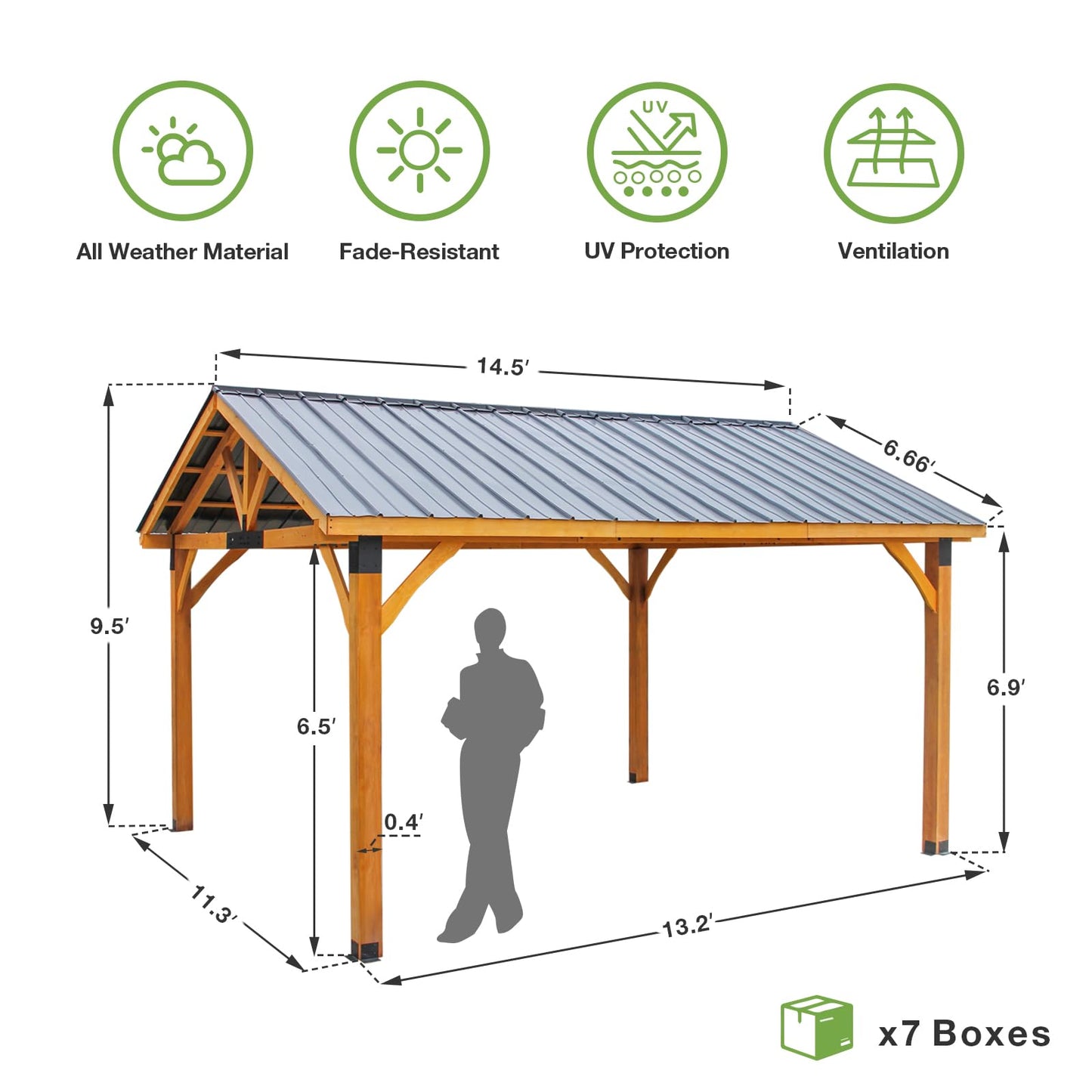 YODOLLA 14' x 12' Wooden Gazebo with Thermal Insulated Polycarbonate Pyramid Hip Roof