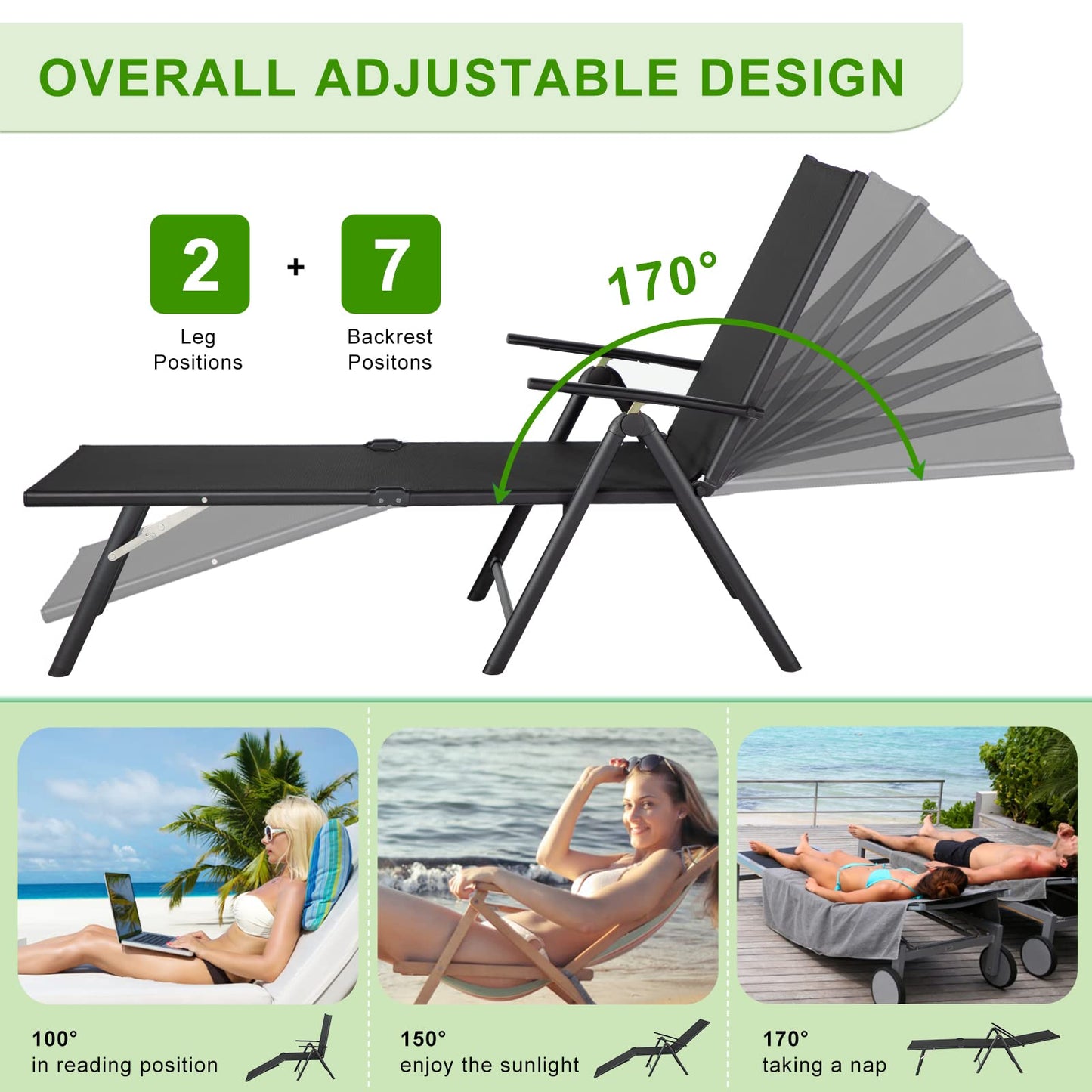 YODOLLA Outdoor Chaise Lounge Set of 2, Adjustable Reclining Folding Pool Lounger
