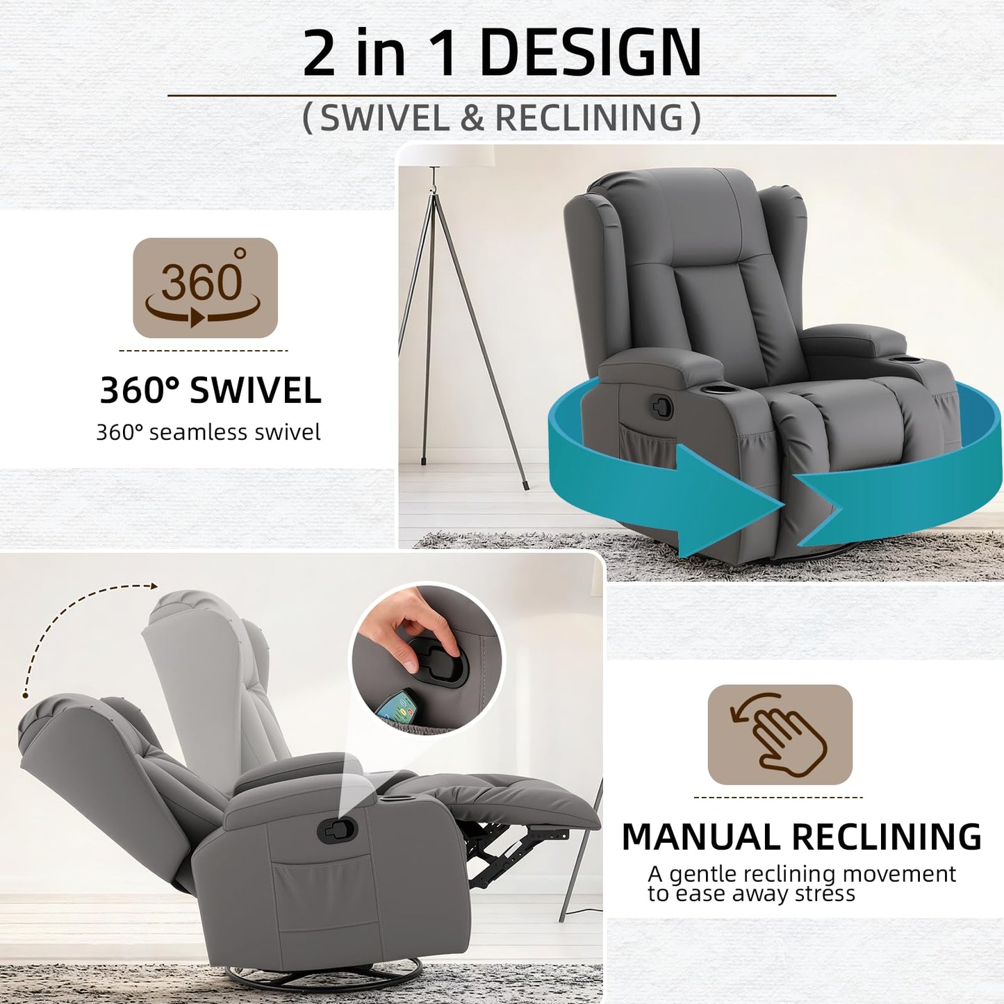 YODOLLA Recliner Chair with Massage and Heat, Grey