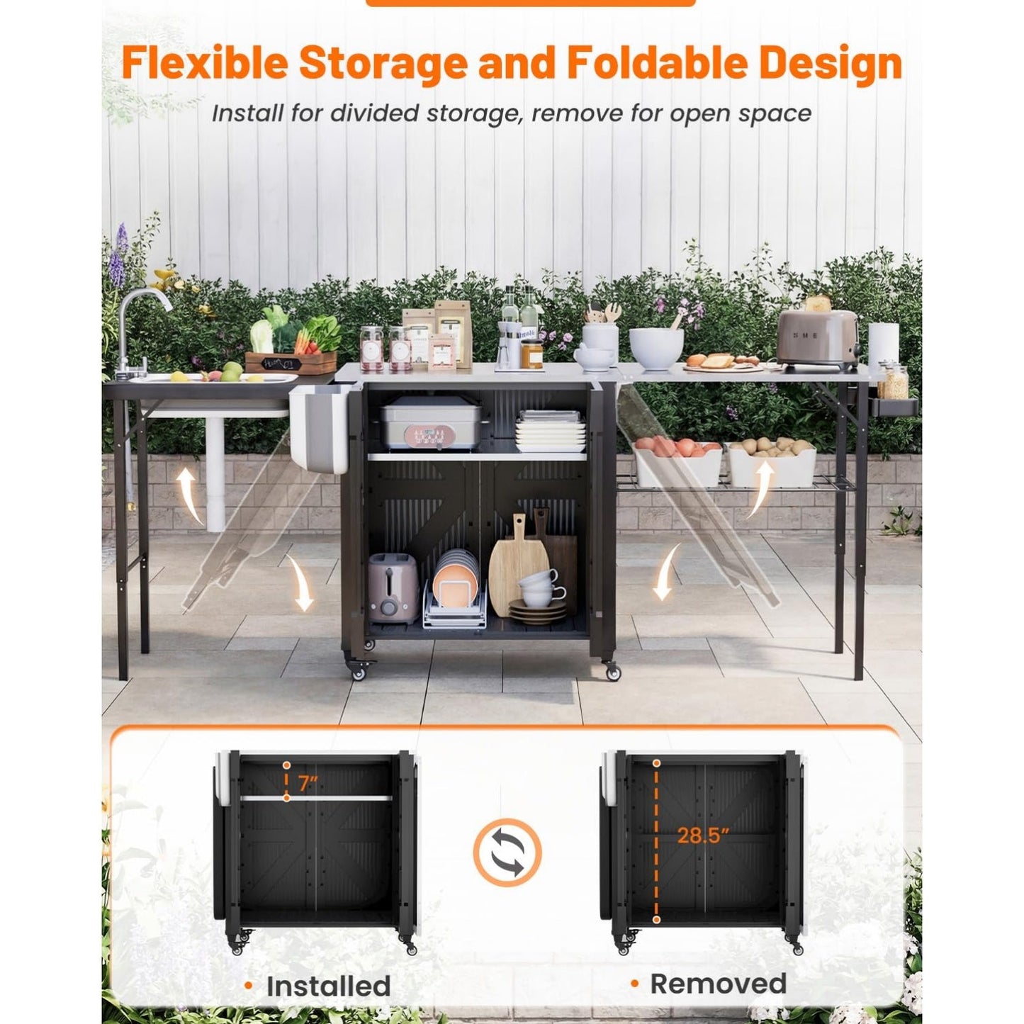 YODOLLA Outdoor Grill Cart Table with Sink, Portable Folding Kitchen Island with Storage Cabinet