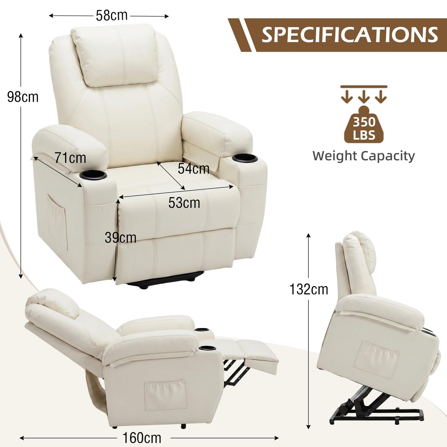 YODOLLA Power Lift Recliner Chair for Elderly with Side Pockets PU Leather, White