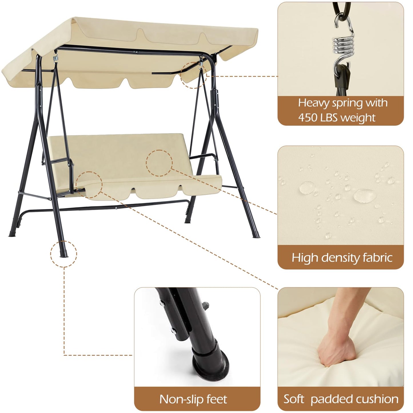 YODOLLA 3-Seat Outdoor Patio Swing with Canopy, Beige