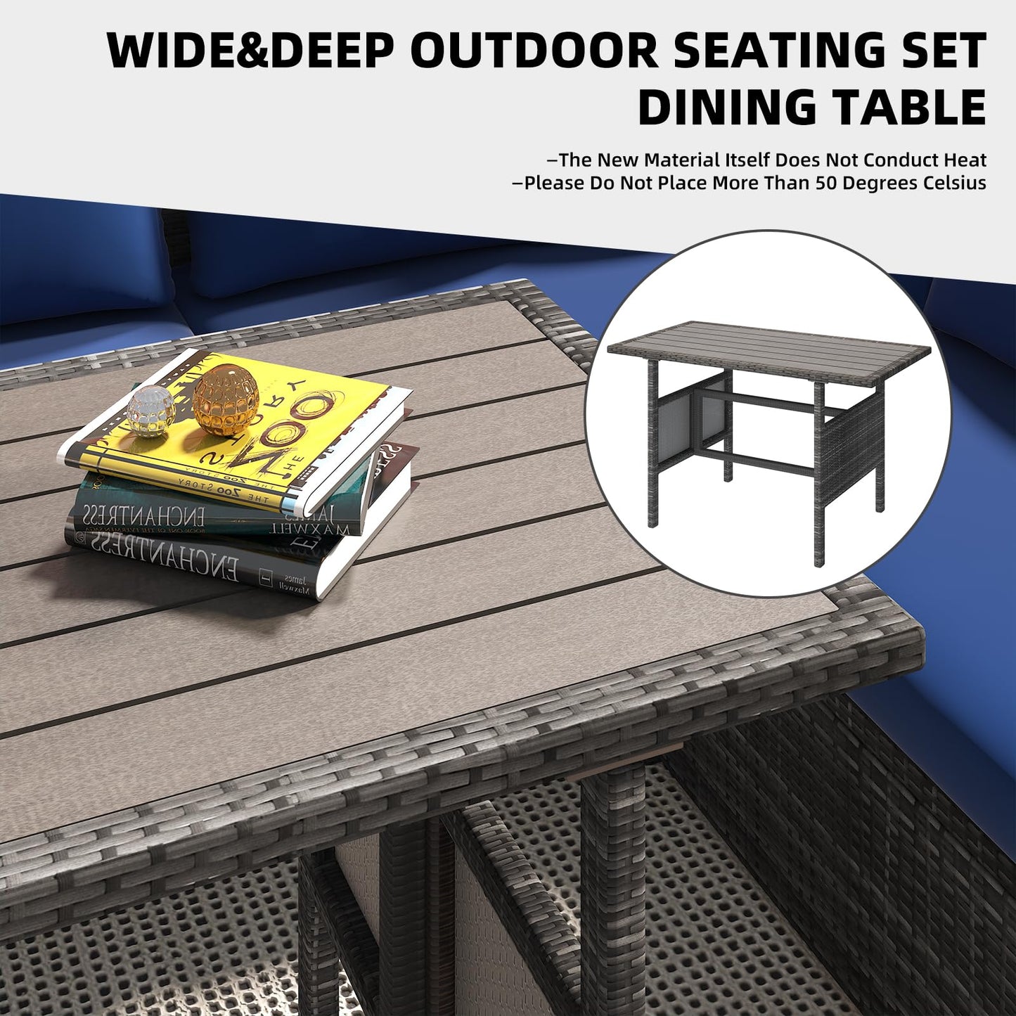 YODOLLA 7-Pc Patio Set, Grey Rattan & Blue Cushion