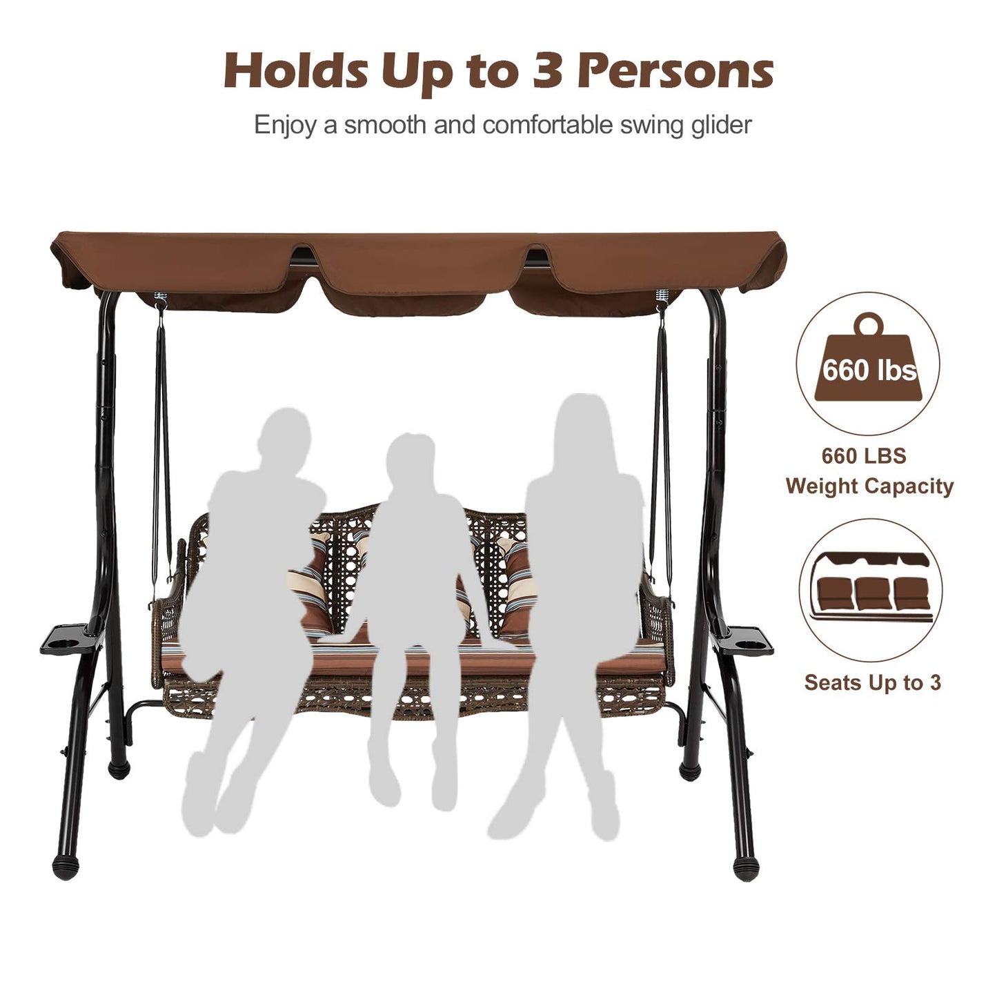 YODOLLA 3-Seat Outdoor Patio Swing Chair, Large Converting Canopy Porch Swing Glider