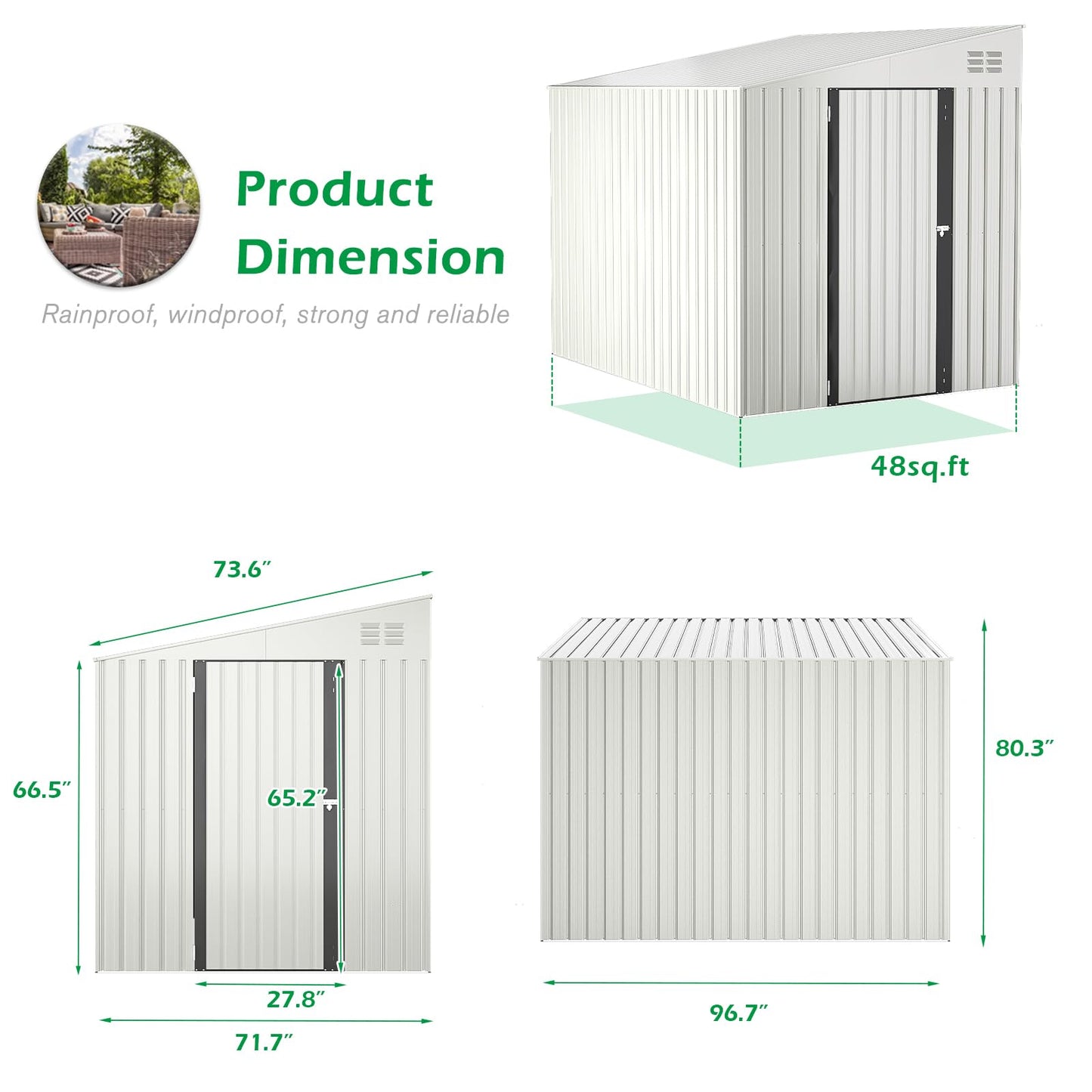 YODOLLA 6' x 8' Lean to Storage Shed Outdoor Storage Cabinet, White