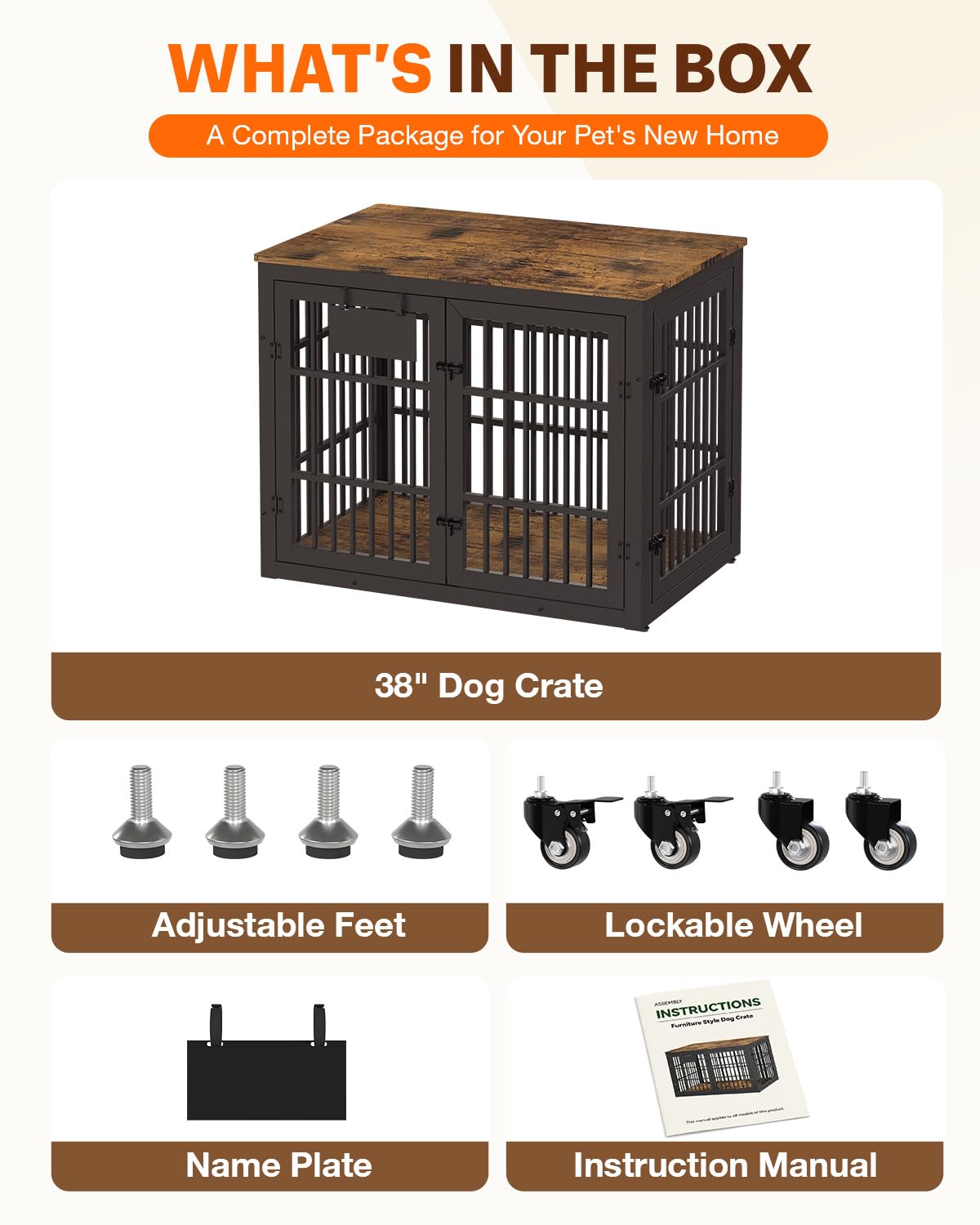 YODOLLA 38" Dog Crate Furniture Heavy Duty Dog Kennel Indoor with Name Tag
